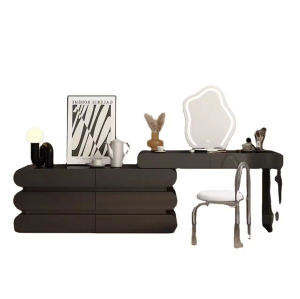 Minimalist Black Vanity Dresser Set – Multi-Compartment Makeup Station with Decor Mirror Modern Bedroom Vanity Furniture