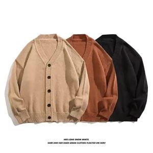 Autumn Winter Men Casual V-Neck Cardigan Sweaters Solid Color Long Sleeve Outerwear Single-breasted Male Loose Knitted Coats2026
