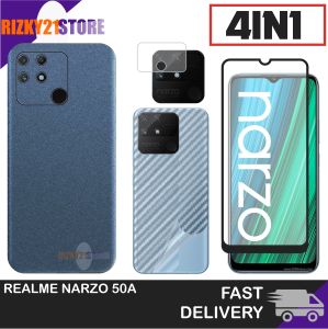 Case Realme Narzo 50A / Realme Narzo 50i Paket 4in1 Softcase Sandstone Free Tempered Glass Layar Camera Dan Skin Carbon