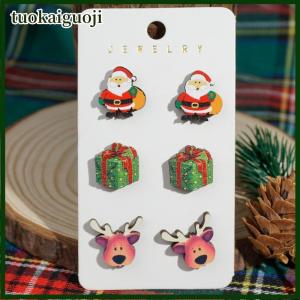 tuokaiguoji 3 Pairs Cute Christmas Tree Gingerbread Man Stud Earrings For Women Simple Acrylic Xmas Hat Elk Earrings Friendship Jewelry Gift