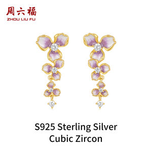 ZHOU LIU FU 周六福 S925 Sterling Silver Jewelry Set Cute Purple Iris Drop Earring Flower Necklace Fashion Jewelry for Women Girl J0614607/J0914608