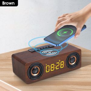 HXR Wooden Alarm Clock Bluetooth Speaker with Wireless Charger Dual Subwoofer Speaker FM Radio TF Card & USB Playback