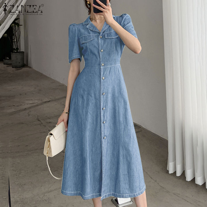 Queean ZANZEA Womens Versatile Solid A-Line Shirtdress Fashion