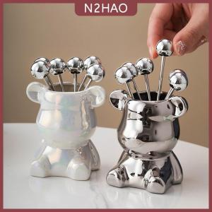 N2HAO  6PCS thép không gỉ tráng miệng dĩa với lưu trữ Jar Dễ thương Gấu đồ dùng cho bữa tiệc nếm món tráng miệng trái cây dưa salad trái cây