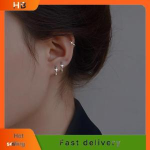 HB Four-pointed Star Cross Small Hoop Earrings For Men Women Hip Hop Retro Black Silver-color Street Gothic Ear Jewelry