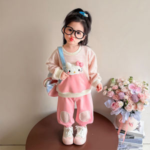 Christmas gifts Halloween 2Pcs Hello Kitty Girls Clothing Kawaii Coat Set Sanrio Autumn New Cartoon Anime Striped Sweatshirt and Pants Set Casual Sweet