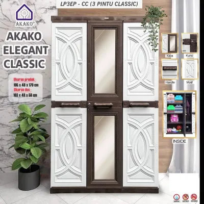 JUMBO LEMARI PLASTIK AKAKO 3 PINTU KACA CERMIN ELEGANT LP3EP