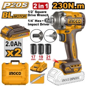 INGCO 20V BL 1/2" IMPACT WRENCH 230NM2X2.0AH+CHARGER &CASE CIWLI20236