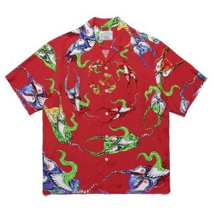 Classics WACKO MARIA Shirt TEE Colorful Ghost Printing Polyester Fiber Black Lapel Men Women Button Thin Oversize Short Sleeve