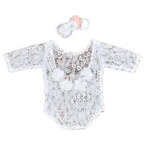 ชุดอุปกรณ์ประกอบฉากการถ่ายภาพเด็กแรกเกิด2ชิ้นชุดชุดรอมเปอร์ลูกไม้สร้อยข้อมือดอกไม้มุกน่ารักชุดที่รัดผมดอกไม้ผ้าโพกศีรษะ