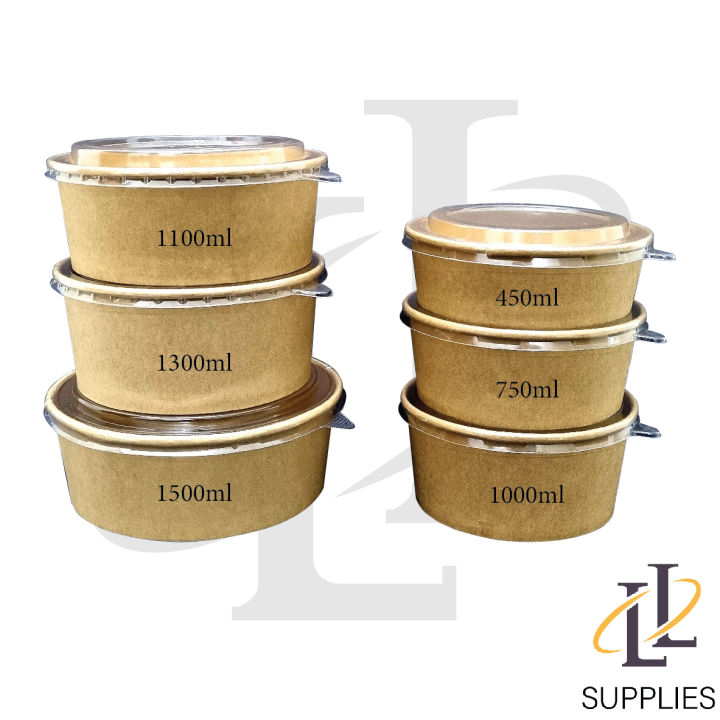 [50PCS Bowl with Lid] Disposable Kraft Brown Paper Bowls Fruit Salad ...