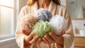 Loofah Sponge 4 PackSoft Mesh Bath PoufShower Sponge60g Gentle ExfoliationRich LatherQuick Drying MeshDurable Design for Daily Shower and Bath Use