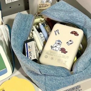 STMEN Solid Color Blue Denim Makeup Bag Travel Organizer Korean Style Student Pencil Bag Portable Zipper Stationery Storage Bag for Women