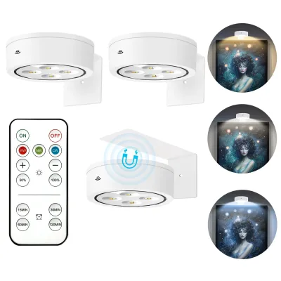 3Pcs Picture Lights for Wall Battery Operated Magnetic Led Painting Light with Remote Dimmable and Timer 3 Lighting Modes Art Display Light for Picture Frame Wireless Wall Decor Puck Lights Black