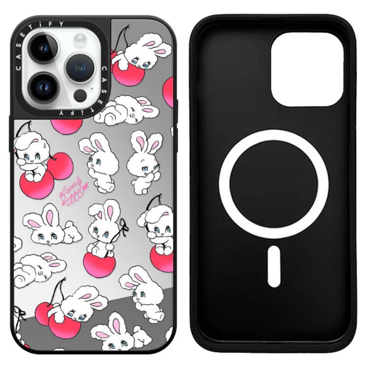 CASETiFY Cherry Pink Rabbit Case Makeup Mirror Black Magsafe Phone