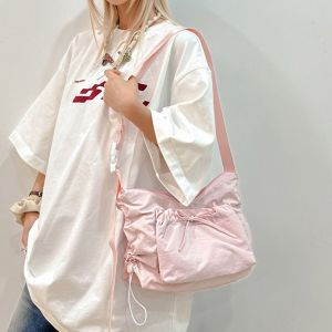 HORAC Pleated Nylon Shoulder Bag Korean Style Oxford Cloth Drawstring Bag Casual Lightweight Bow Crossbody Bag Women