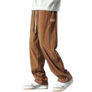 Plain Corduroy fabric Fashion Multiple pockets Cargo pants Loose Elastic waist Striped Straight pants