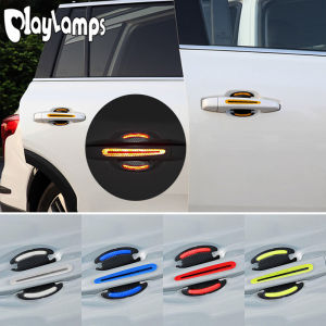 4Pcs Car Sticker Reflective Door Handle Bowl Sticker Car Reflective Strip Carbon Fiber Decoration Car Door Warning Safety Accessories