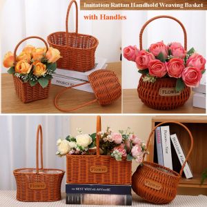 GOUPO with Handle Imitation Rattan Storage Baskets Handwoven 8 Styles Handhold Weaving Basket High Quality Household Vegetable Fruit Flowers Basket Restaurant Serving Tabletop Display