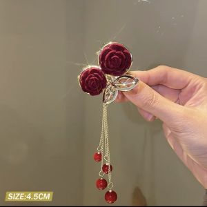 New Retro Velvet Tulip Grip Clip Fashion Red Green Shark Hairpins Ladies Ponytail Pearl Hair Clip Claws