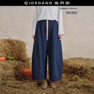 Giordano Women Polka dot jacquard wide leg ankle length jeans Free Shipping 18426309