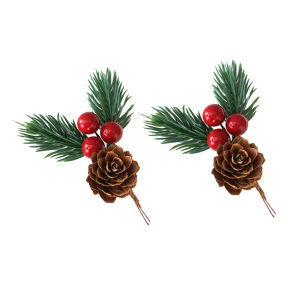 10pcs Artificial Christmas Pine Cone with Holly Branches for Christmas DIY Wreath Decors Faux Red Berry Stem Simulation Pinecone
