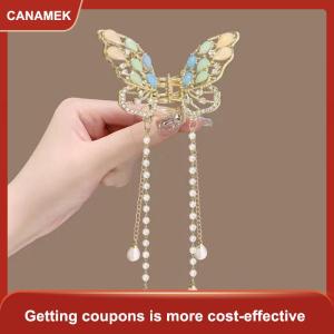 【CANAMEK】 Tinh tế Rhinestone bướm tua tóc Claw Clip Hàn Quốc mới ponytail Braid ngọc trai Kẹp Tóc Cô Gái cua kim loại mũ Quà Tặng
