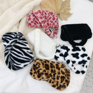 Retro Milk Cow Leopard Animal Pattern Plush Shoulder Bag Women Winter Handbag Female Underarm Bag Purse Pouch [Pinfect]