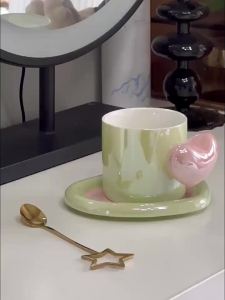 Modern Heart Handle Ceramic Coffee Mug with Saucer Three-dimensional Heart Mug Cute Ladies Teacup Drinkware Gift Home Decoration