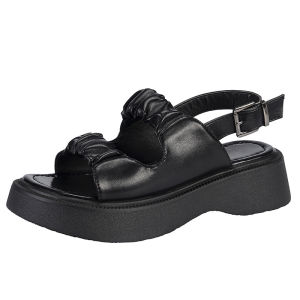 Korean Style Leather Wedge Sandals For Women Classic Versatile Thick heels Platform Slip On two Strap Retro Roman Sandals