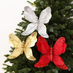 PARKOUR Shining Christmas Butterflies Ornaments Multicolor Hand-Painted Christmas Tree Decoration Reusable Exquisite Simulation Butterfly Scene Decoration