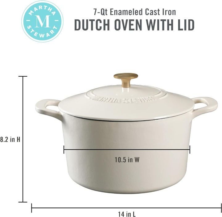 MARTHA STEWART Gatwick 7 Quart Enamel Cast Iron Dutch Oven Professional Pro Chef Kitchen Cooking Pot Linen White with Gold Knob