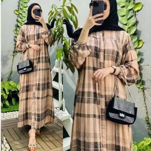 TERLARIS PROMO Gamis Gauri Dress Rayon Motif Kotak Kotak Terbaru Kekinian