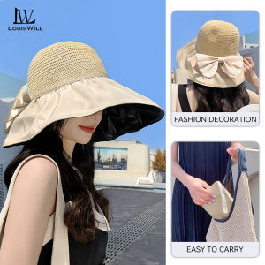 LouisWill Women Sun Cap Beach Hat Foldable Sun-proof Hat Casual Sun Hats Portable Beach Cap Bow Knot Storage Bag Design Large Brim Cap Sun Protection Cap UV Protection Hats With Windproof Rope for Summer Outdoor Travel