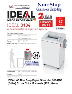 IDEAL 3104 CC (Oiler) 2 x 15mm Non Stop Heavy Duty A3 Paper Shredder Micro Cut - 17 sheets (120 Liters) Non Stop Heavy Duty A3 (non stop 3104MC  Heavy Duty Shredder Mesin Penghancur Kertas Mesin Perincih)