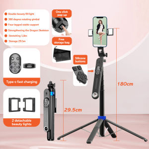 Extendable Phone Tripod 1.8m Selfie Stick Phone Vlog Tripod Stand Quadrapod with All in 1 Phone Clip 360° Rotation Gimbal Stabilizer Travel Tripod Phone Holder with Rechargeable Remote for iPhone Sony Canon GoPro for Video Vlogging Live Streaming