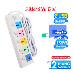 Ổ Cắm Điện USB Đa Năng Cao Cấp Chống Giật Dài 5m 2 Cổng Cắm USB Chốt An Toàn Tiện Dụng
