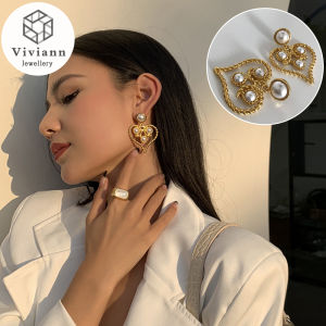 Viviann Original Personality Hollow out Love shaped Pearl Earrings Luxury European and American Fashion Earring Jewelry Pearl Earrings for Women Irregular Women Jewelry Earing Fashion Korean Delicate
