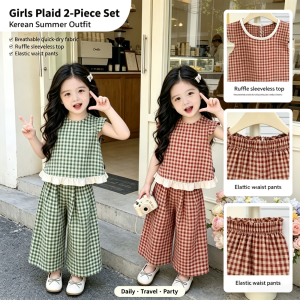 AILEBE Kids Sets Korean Style Ruffled Sleeveless Top Elastic Ankle Pants Set Breathable Quick-Dry Fabric Summer Wear Lightweight Wrinkle-Resistant Loose Comfy Fit OOTD Pambahay For Girls 1-10 Years Perfect For Daily Travel Parties