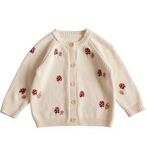 deer jonmi New Autumn Winter Baby Girls Knitted Sweaters Embroidery Mushroom Toddlers Kids Cotton Cardigan Coats2026