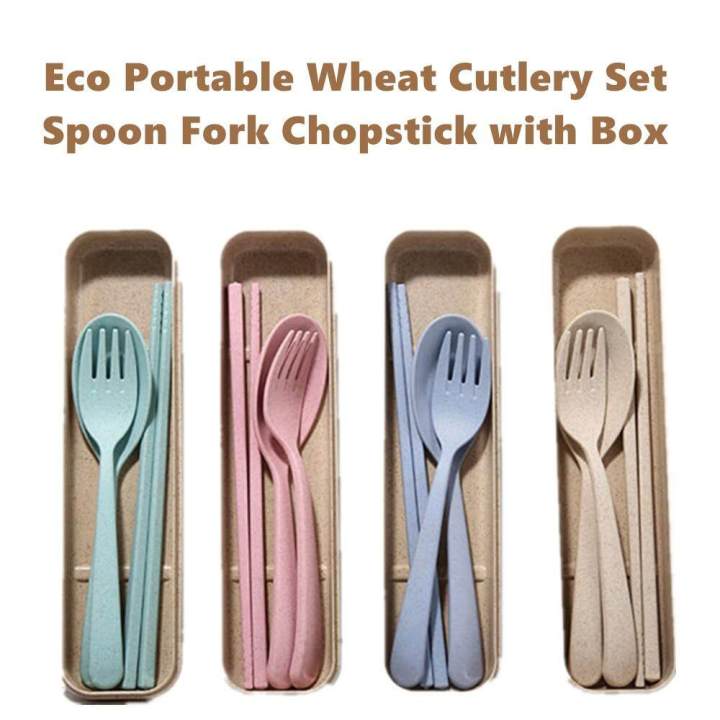 ** Use OPP packaging **  Portable Wheat Cutlery Set Travel Spoon Fork Chopstick Box