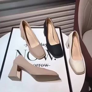 6CM R Mary Jane Womens Shoes 2022 New All-match Soft Leather Square Toe Black Thick Heel High Heels