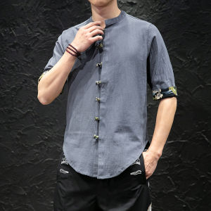 daidai (Ready Stock) Chinese Asbestos-linen Mid-sleeve Shirt CNY Men Shirt Tang Suit Chinese New Year 中国风唐装棉麻短袖盘扣拼色衬衫青春男