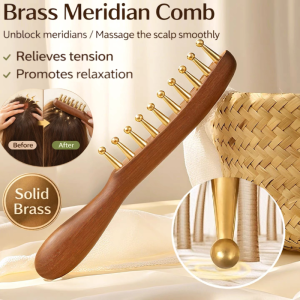 Brass Head Massage Comb Gua Sha Head Massage Sandalwood Wide-tooth Comb Relieves Head Fatigue For Home And Travel