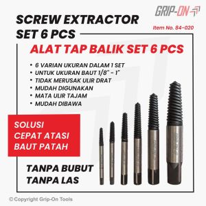 Grip-On Screw Extractor Set (6Pcs) / Tap Balik Set 6 Pcs / Buka Baut Mur Rusak Patah Grip On