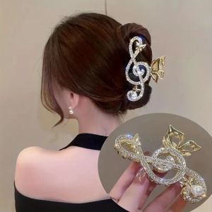 Elegant Rhinestone Pearl Hair Claw Nonslip Shark Clips Musical Note Design Perfect for Women Girls