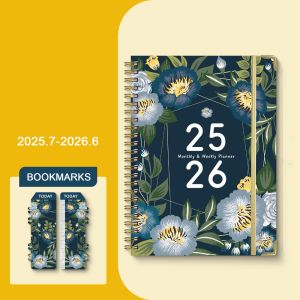 LKMART 12 Months A5 Agenda Book To Do List Colorful Flower Pattern English Notebook Diary Notepad Time Organizer Binder Coil Notebook School Office Supplies