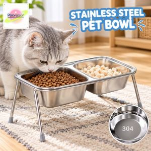 Elevated Stainless Steel Pet Bowl 15 Tilt Cat Dog Food Water Feeder Anti Slip Neck Protect Washable
