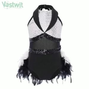 Teen Girls Sleeveless Sequin Sheer Mesh Feather Latin Jazz Dance Cha-cha Leotard Dress Ballet Tutu Samba Rumba Tango Dancewear2026