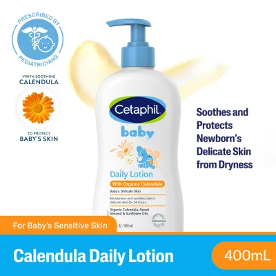 Cetaphil Baby Daily Lotion 400ml with Organic Calendula for Newborn| Gentle & Hypoallergenic | Almond & Sunflower Oil | 24-Hour Hydration | For Delicate Baby Skin | Pediatrician Approved